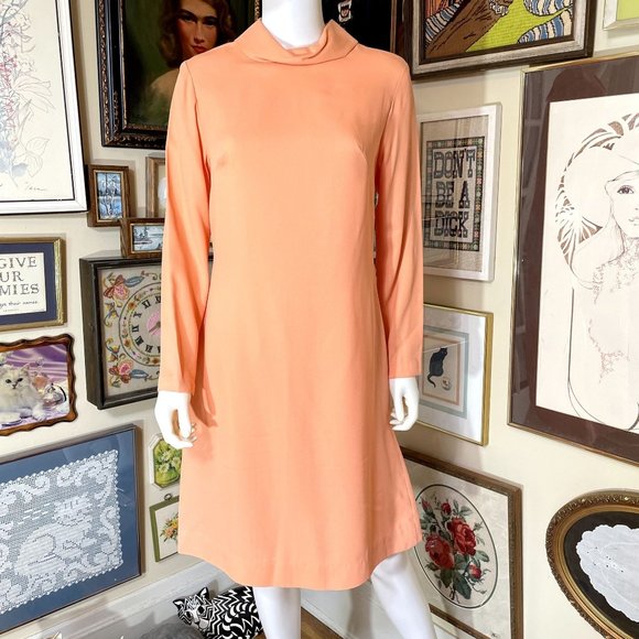 70s Vintage Deadstock Lori Jean Sherbet Orange Long Sleeve Sheath Dress Size 12 - Picture 1 of 9